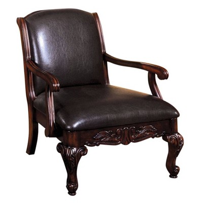 Leatherette Wooden Accent Chair with Hand Carved Legs Brown - Benzara