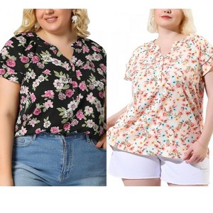 Women's Plus Size 2 Pieces Floral Ruffle Trim Layered Sleeve Notched Neck Button Layered Sleeve Blouses - Agnes Orinda - 1 of 4