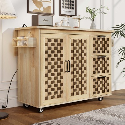 ORRD Woven Checkerboard Kitchen Island with Folding Design, Rolling Cart, 3 Drawers, 2 Cabinets, Interior Storage & Electrical Outlet, Natural