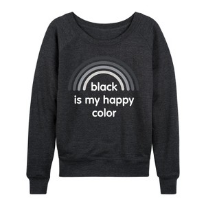 Women's - Instant Message - Black Happy Color Lightweight French Terry Wide Neck Long Sleeve Graphic Shirt - 1 of 4