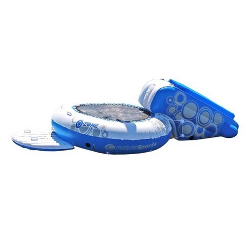 RAVE Sports O Zone Plus 5 Foot Inflatable Water Bouncer Trampoline with Attached Slide, Handles, and Boarding Platform, Blue and White - image 1 of 4