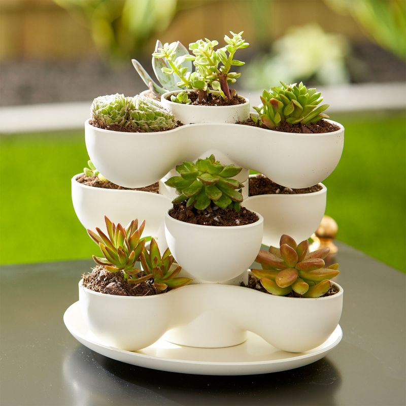 The HC Companies 8 Inch Round Stacking Decorative Indoor Pixie Succulent Flower Planter Pot with 3 Planting Levels, Vanilla Bisque (4 Pack), 4 of 7