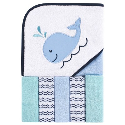 Luvable Friends Baby Boy Hooded Towel With Five Washcloths, Boy Whale ...