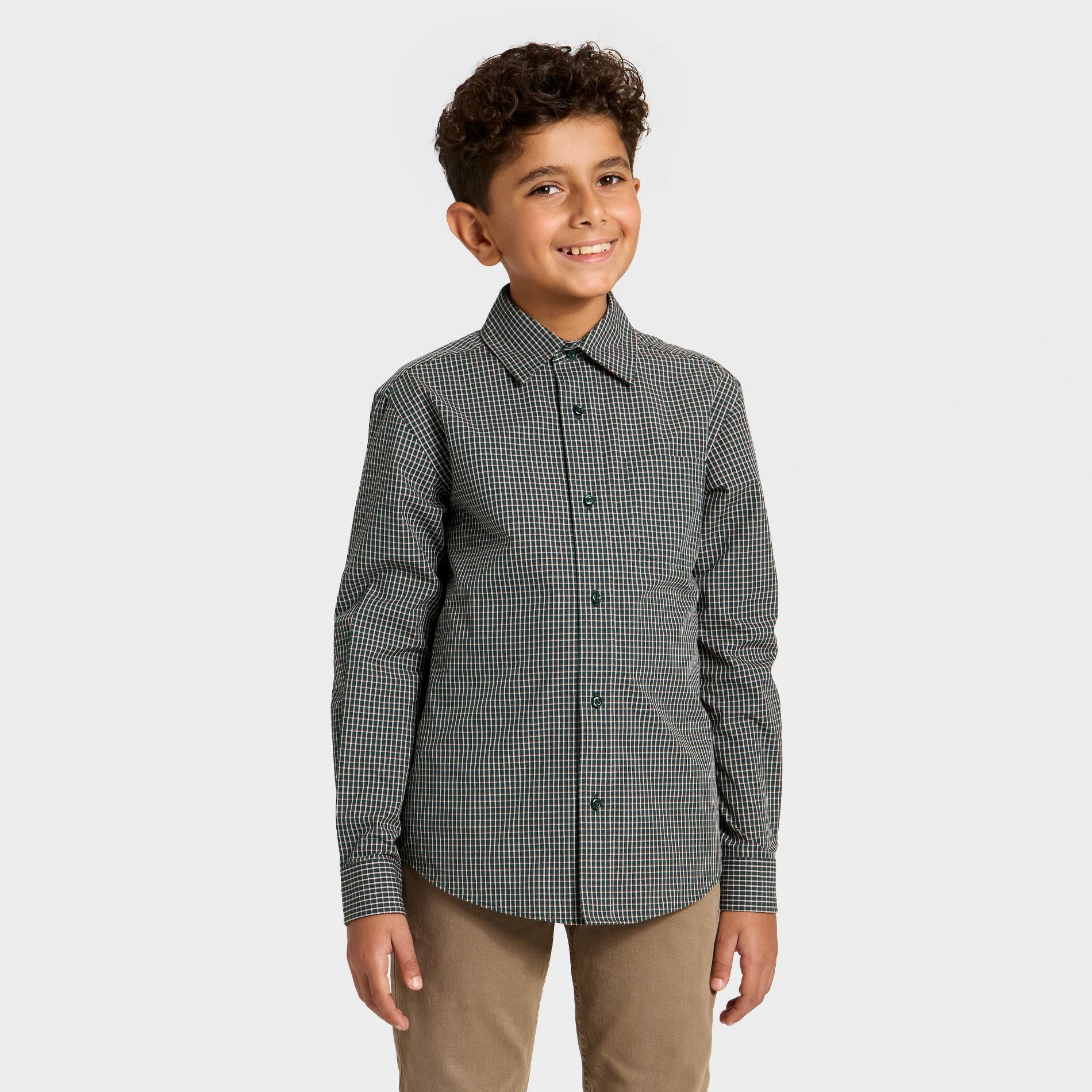Boys' Long Sleeve Holiday Plaid Button-Down Dress Shirt - Cat & Jack™ Dark Green