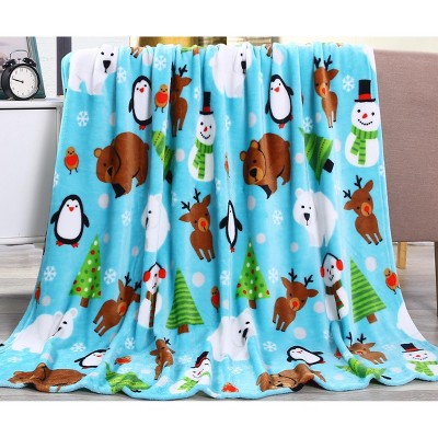 Plazatex Holiday Pals Micro plush Design All Season Blue Color 50" X 60" Throw Blanket