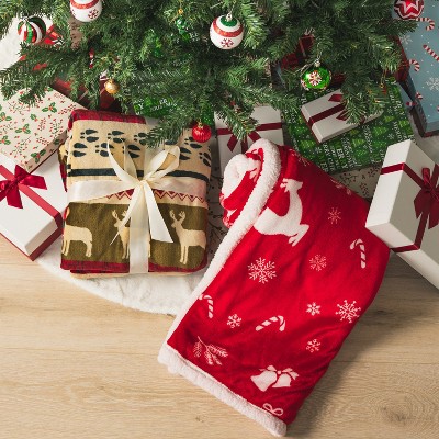 Red Reindeer Christmas Fleece Sherpa Reversible Throw Blanket