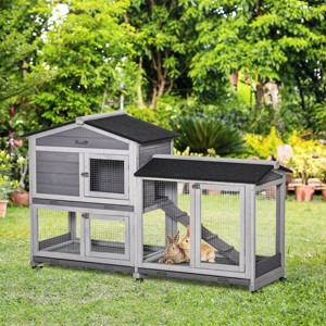 62'' Wooden Rabbit Hutch with Wheels,Indoor Outdoor Bunny Cage with Run Box No Leak Tray Ramp and Multiple Doors for Small Animals - LAOTIES - 1 of 4