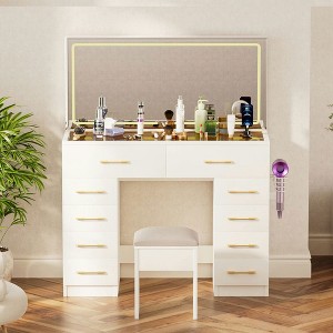 Resenkos 46-Inch Vanity Desk with 10 Drawers, Makeup Table with Mirror, Stool, Power Outlet & 3 Light Modes, White - 1 of 4