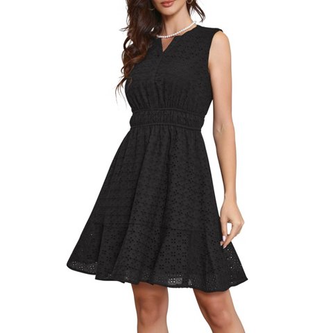 Женские платья INSPIRE CHIC Women's Summer Sleeveless V Neck Eyelet Hollow Out A Line Mini Dresses Medium Black