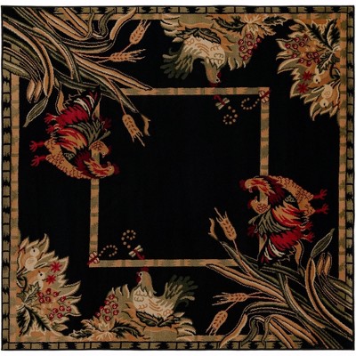 Black Floral Synthetic Square Indoor Rug, 6' x 6'