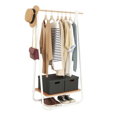 Metal Clothing Garment Rack with Wood Storage Shelf, Freestanding Closet, White and Dark Brown