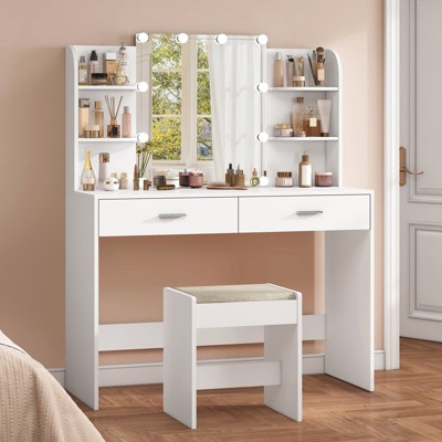 USIKEY Makeup Vanity with Mirror and 10 LED Lights, Vanity Makeup Table Set with 2 Drawers and Open Shelves,  Dressing Table with Cushioned Stool