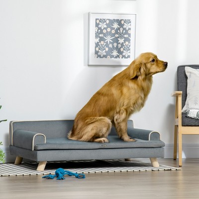 Large Gray Chenille Elevated Dog Sofa with Pinewood Legs