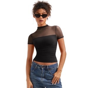 Short Sleeve Sheer Mesh Ruched T Shirts with Mock Turtle Neck Short Sleeve Basic Summer Tees Tops Slim Fit T Shirts Trendy Going Out Tops - 1 of 4