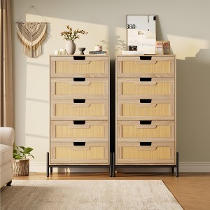 Rattan 5 Drawer Dresser, Wooden Chest of Drawer, Farmhouse Storage Cabinet with Metal Legs - 1 of 4