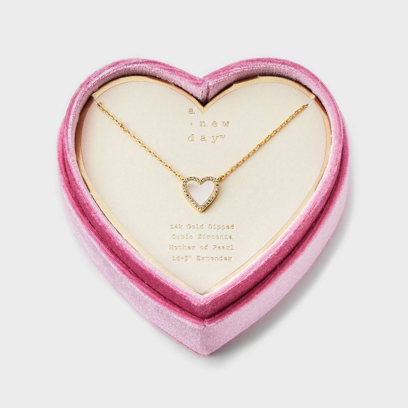 14K Gold Dipped Mother of Pearl Cubic Zirconia Heart Pendant Necklace - A New Day&#8482; Ivory, 1 of 6
