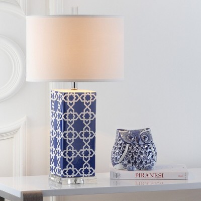 Navy and White Ceramic Table Lamp Set with Cotton Shade