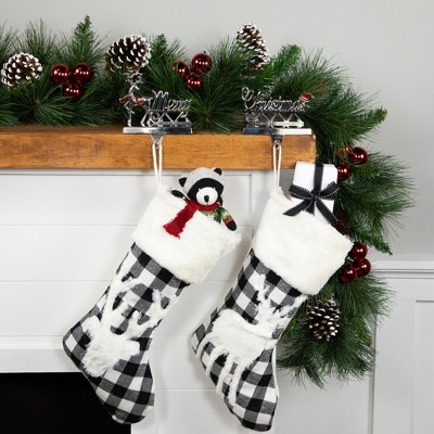 Set of 2 Silver Reindeer Merry Christmas Metal Stocking Holders