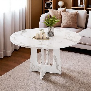Mshliw 47" Round Farmhouse Dining Table for 4, Marble-Style MDF Top with Metal Legs, 300lb Capacity, Easy Assembly for Kitchen or Dining Room - 1 of 4