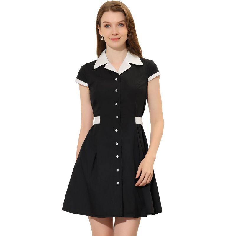 Allegra K Women's Vintage Button Down Flat Collar Belted Office Mini Shirt Dress, 1 of 6