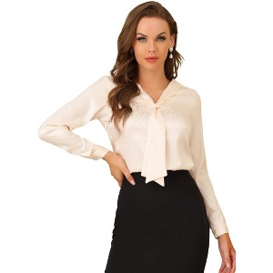 Allegra K Women's Satin Tie Neck Long Sleeve Solid Color Elegant Office Shirt - 1 of 4
