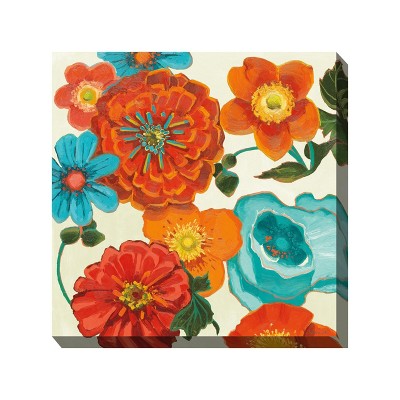 Cottage Garden West of The Wind DYNAMOS Teal, Orange 24 x 24 Inch Waterproof Gallery Wrapped Canvas, Outdoor Garden, Yard, Patio All Weather Hanging