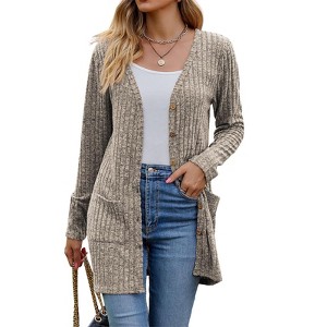 BLUEMING Womens Cardigans Open Front Ribbed Knit Casual Long Sleeve Button Down Soft Coats with Pockets - 1 of 4