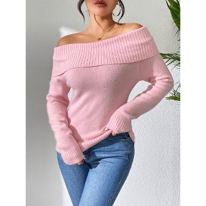 Womens Sweater Off Shoulder Long Sleeve Casual Fitted Lapel Knit Sweater Tops - 1 of 4