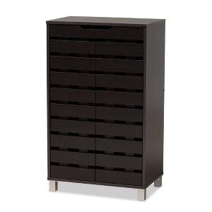 2 Door Ernest Brown Wood Shoe Storage Cabinet Dark Brown - Baxton Studio: Modern Organizer for 18 Pairs, Slatted Doors - 1 of 4