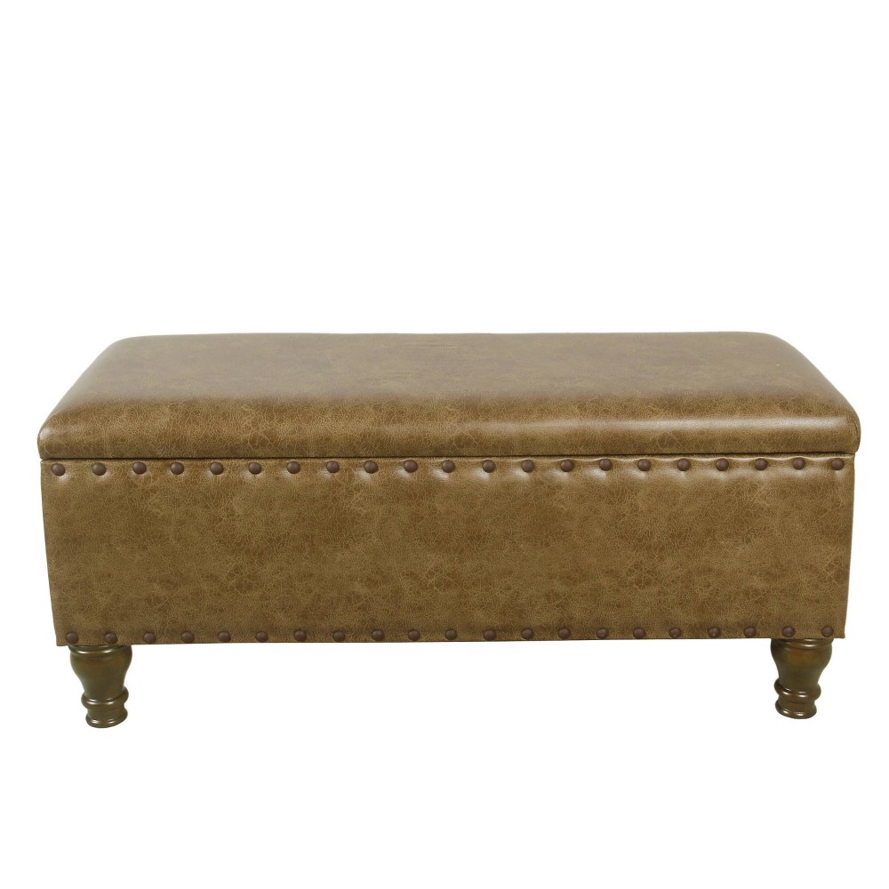 Photos - Chair Large Storage Bench with Nailhead Trim Faux Leather Brown - HomePop: Bedro