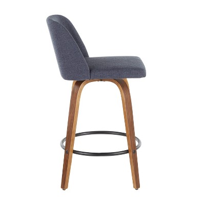 Walnut and Blue Mid-Century Modern Swivel Counter Stools, Set of 2