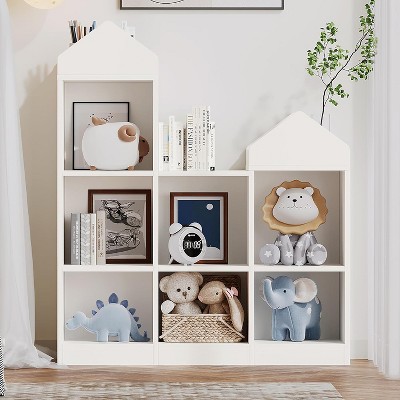 Bookshelf with House Shape, 7-Cubby Kids Bookshelf ToddlersToy Storage Organizer Playhouse Cabinet Shelf Wooden Cubby Storage Toy Shelf, Black