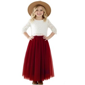 2Bunnies 2 Piece Lace Top Tulle Skirt Boho Rustic Flower Girl Dress Set - 1 of 4