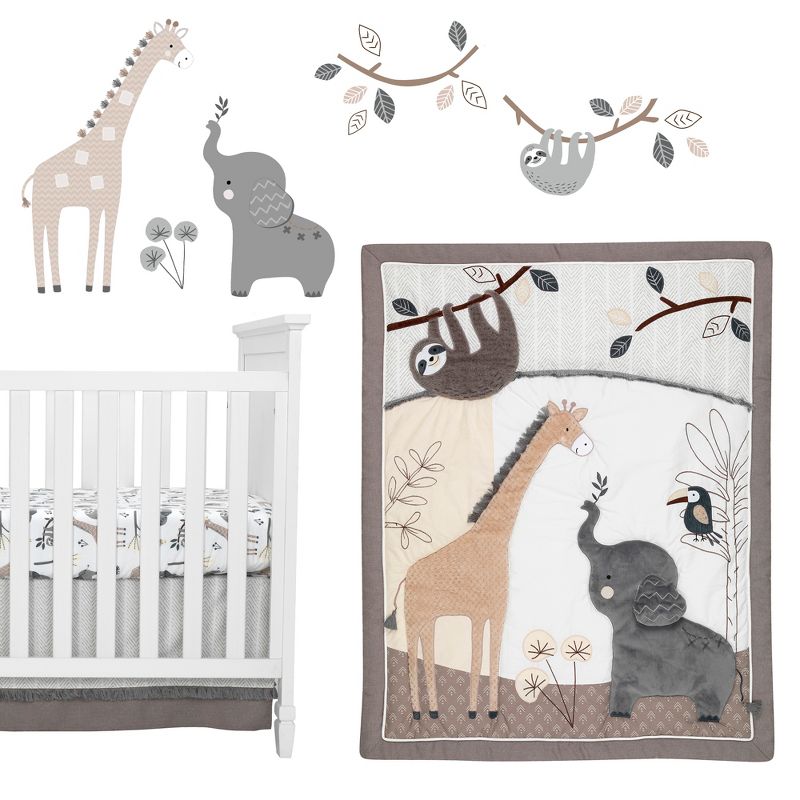 Lambs & Ivy Baby Jungle Animals 4-Piece Gray/White/Taupe Crib Bedding Set, 1 of 8