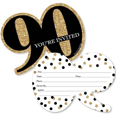 Big Dot of Happiness Adult 90th Birthday - Gold - Shaped Fill-in Invitations - Birthday Party Invitation Cards with Envelopes - Set of 12