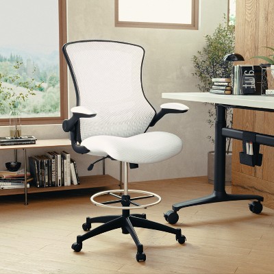 White Mesh and Leather Ergonomic Drafting Chair with Adjustable Arms