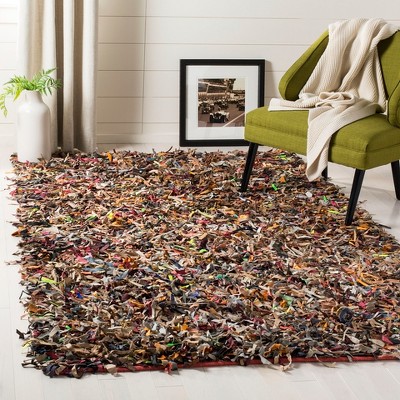 Multi-Color Hand-Knotted Leather Shag Rug, 3' x 5'
