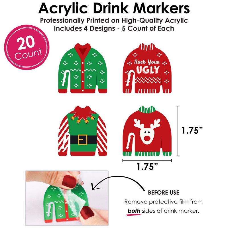 Big Dot of Happiness Ugly Sweater - Holiday and Christmas Party Wine Glass Charms - Acrylic Drink Markers - Set of 20, 3 of 7