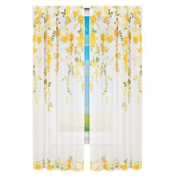Collections Etc Cascading Yellow Floral Semi-Sheer Curtain Panel Set 48" WIDE