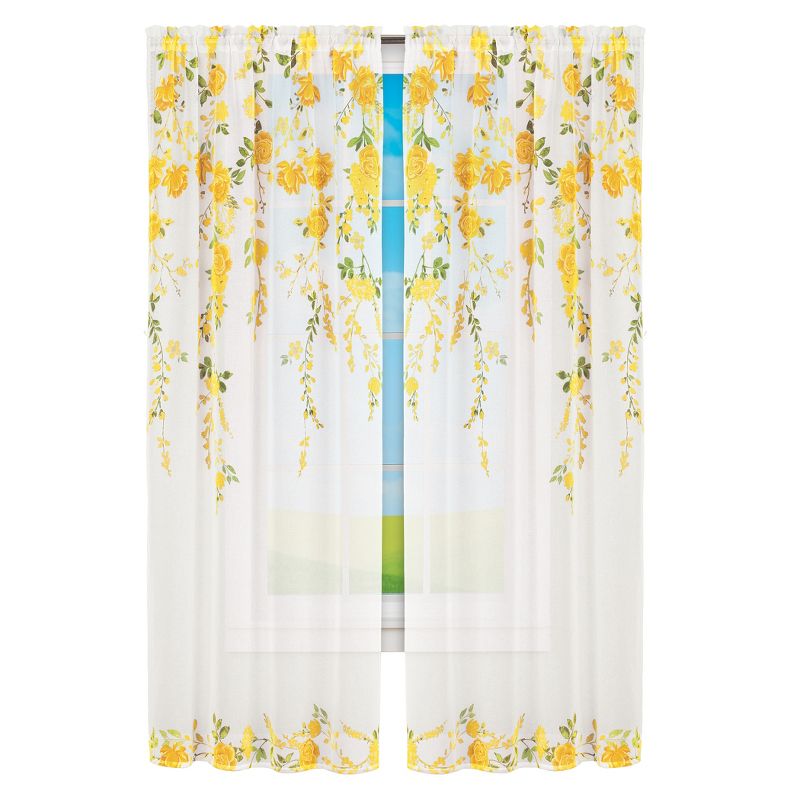 Collections Etc Cascading Yellow Floral Semi-Sheer Curtain Panel Set 48" WIDE, 1 of 3