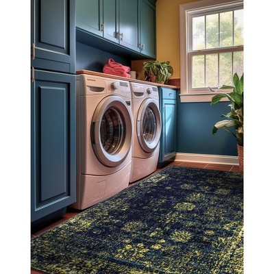 Navy Blue and Yellow Floral Motif Area Rug