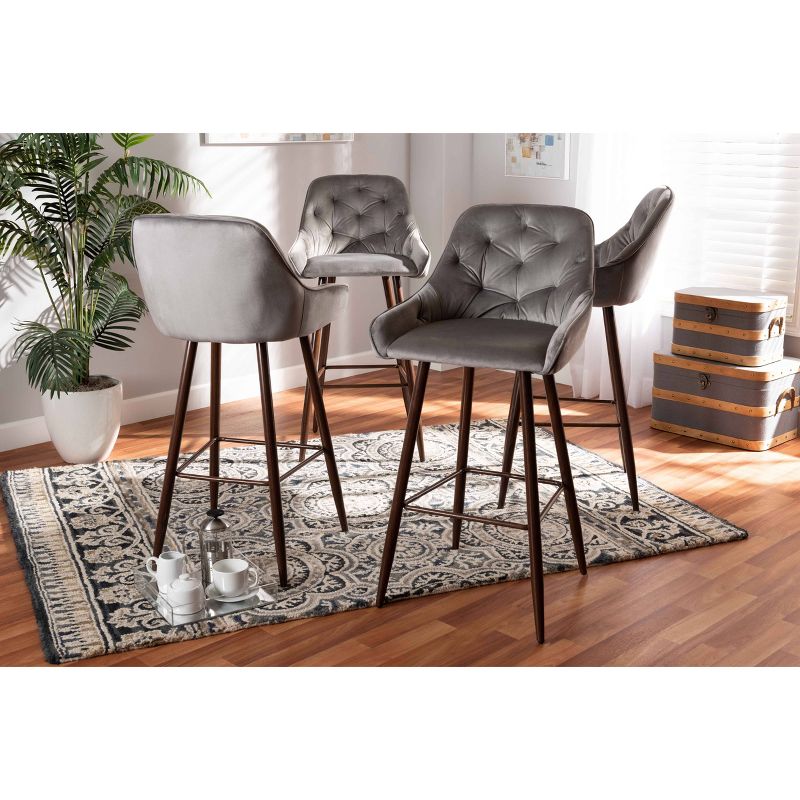 4pc Catherine Velvet Fabric Upholstered and Counter Height Barstool Gray/Walnut - Baxton Studio, 6 of 9