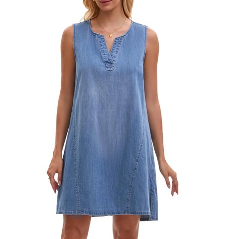 Женские платья INSPIRE CHIC Women's Denim Sleeveless Knee Length Casual Loose Tunic Jean Dress Small Blue