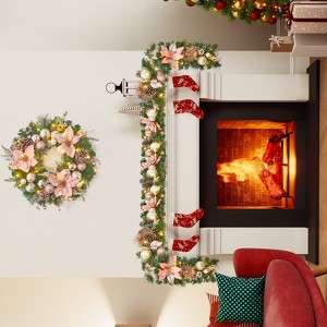9 FT Pre-Lit Christmas Garland with 40 LED Lights, Xmas Garlands with Timer Rose Gold Balls, Christmas Garland Decorations for Mantle Fireplace Stair - 1 of 4