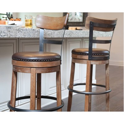 Industrial Swivel Barstool with Faux Leather Seat, Light Brown