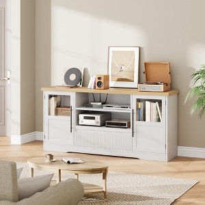 63‘’ TV Stand for 75 Inch TVs with Glass Cabinets & Open Shelves, Farmhouse Modern Media Console with Cable Management for Living Room - 1 of 4