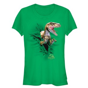 Juniors Womens Jurassic Park Danger Velociraptor Tearing Through T-Shirt - 1 of 3