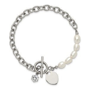 Chisel Stainless Steel with Half White Freshwater Cultured Pearl and Cubic Zirconia Heart Dangle 8.25" Bracelet - 1 of 4