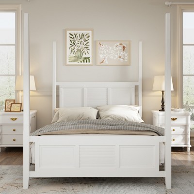 Queen Size Solid Wood Four Poster Bed with Horizontal Grille Design