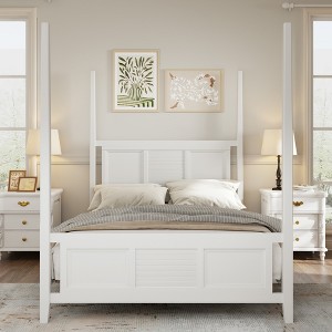 Queen Size Solid Wood Four Poster Bed with Horizontal Grille Design - 1 of 4
